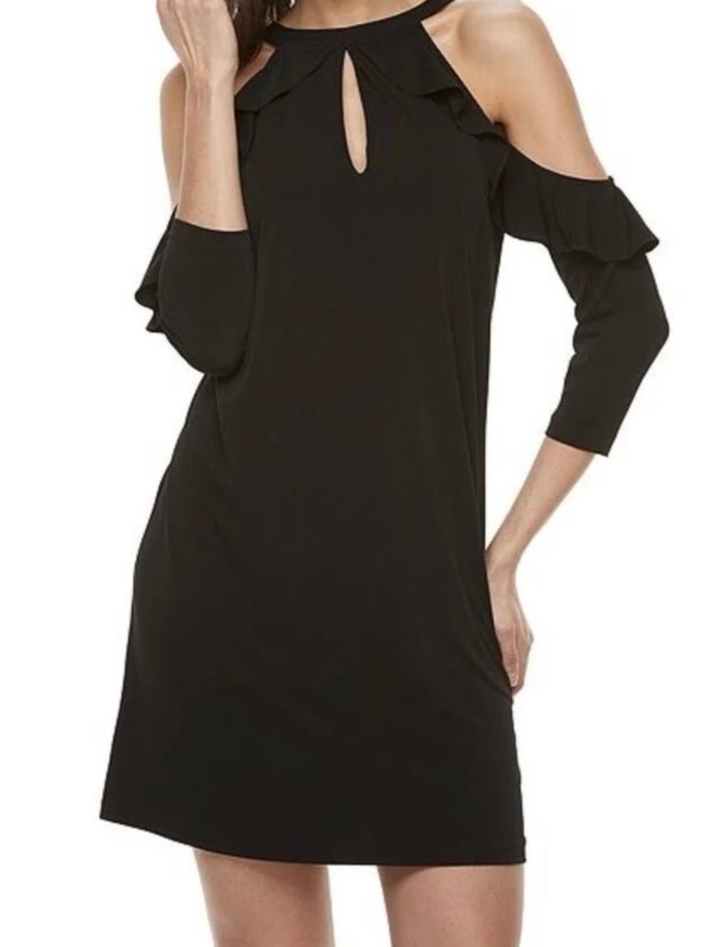 Jennifer Lopez Black Cold Shoulder Ruffle Dress Size S Halter Keyhole LBD